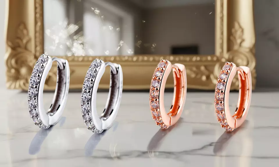 Sterling Silver or Rose Gold Genuine Crystal Huggie Hoop Earring