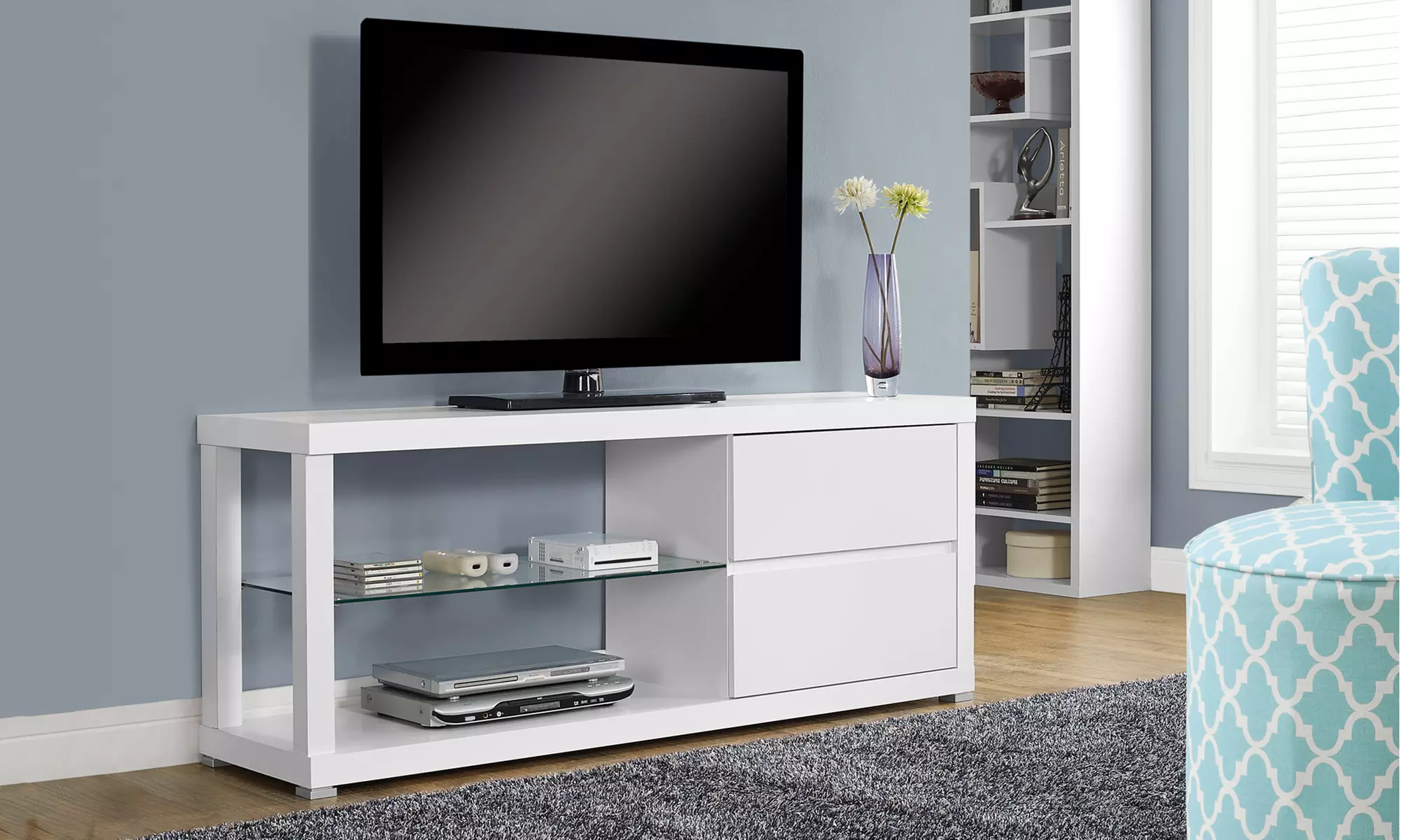 Modern 60" TV Console with Tempered-Glass Shelf and 2 Drawers - Second Medium