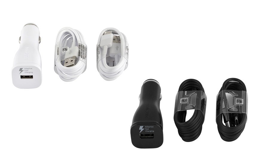 Image 2: Samsung Fast Car Charger with 2 USB C Type-C Cables for S8 S9 Plus Note 8
