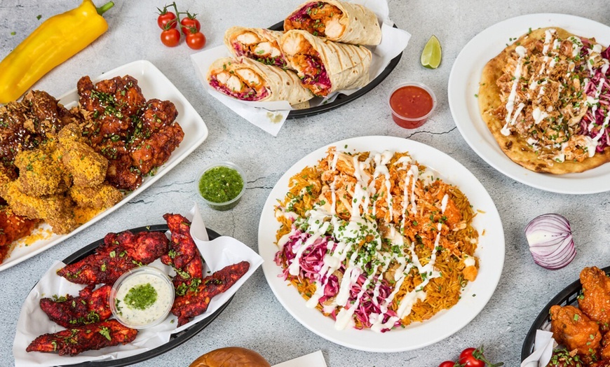 Image 1: Indian Fusion Food:For 1 or 2: Any Wrap, Burger, Loaded Box/Naan Pizza