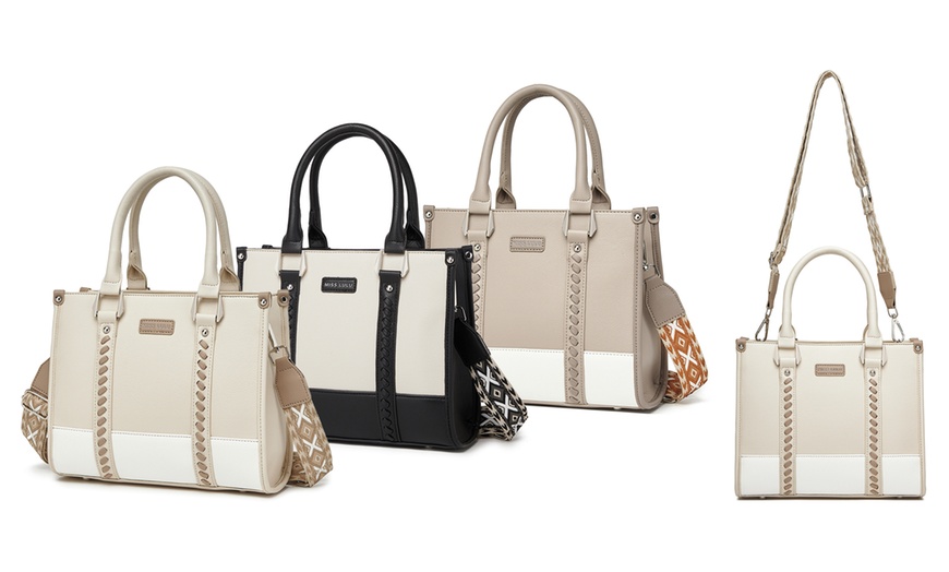Image 1: Miss Lulu PU Leather Graceful Spacious Tote Bag with Woven Trim Strap