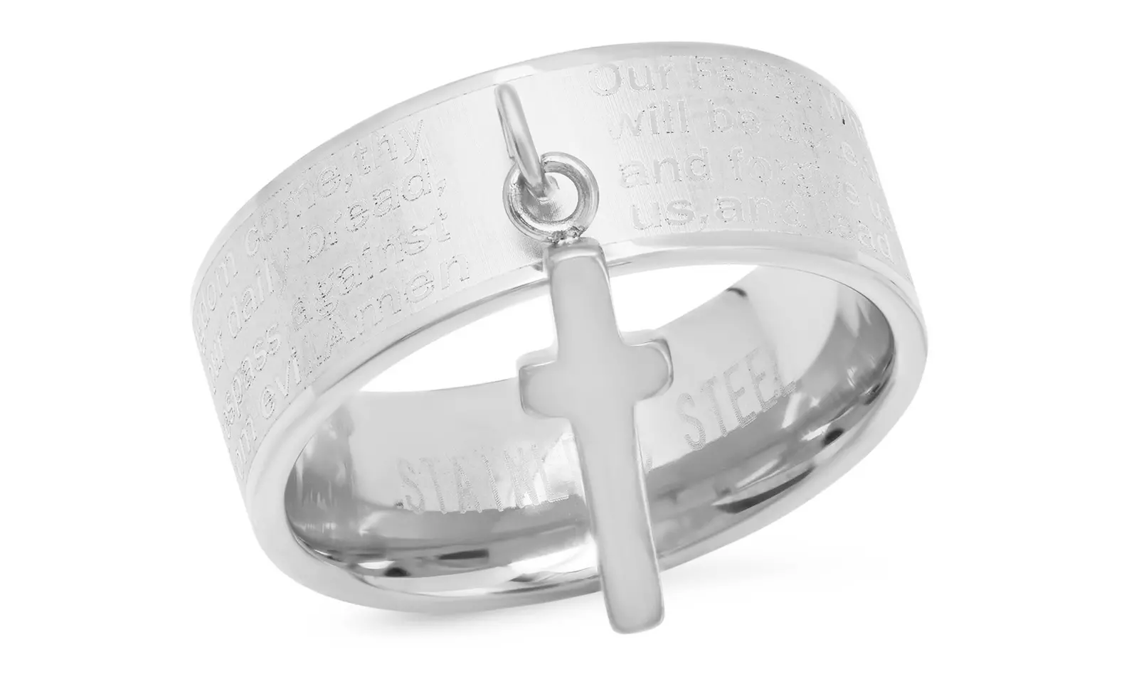 Ladies Stainless Steel Our Father English Prayer Band Ring With Cross Charm