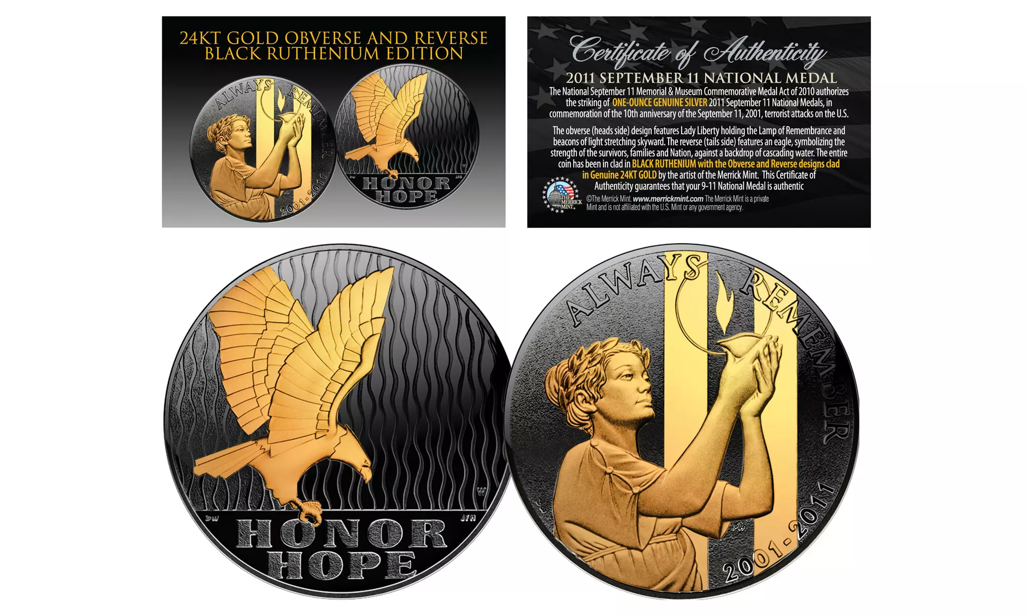 Black Ruthenium 9-11 National Medal 1 Ounce Silver with 24KT Gold Obverse and Reverse - Primary Image
