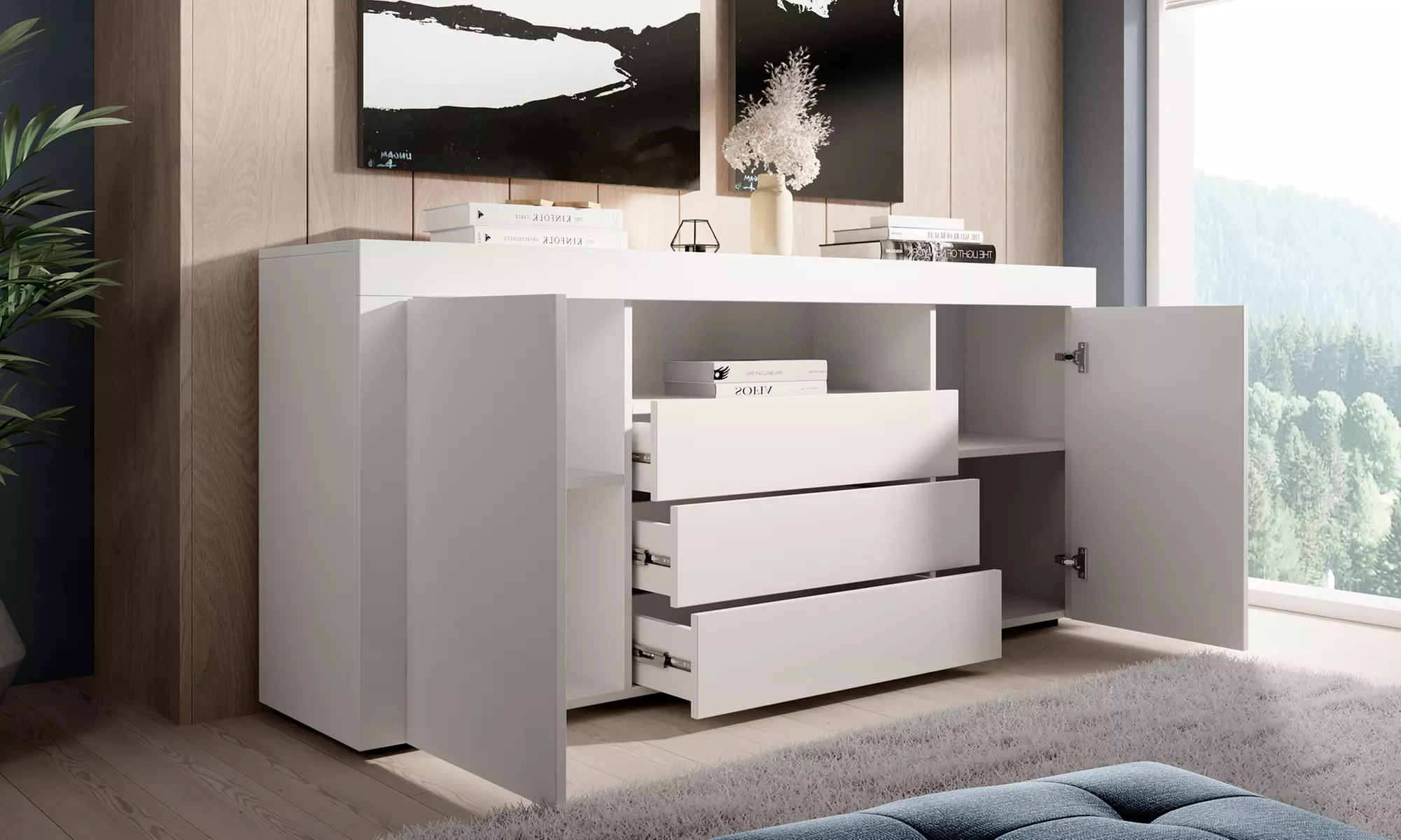 Aparador de diseño moderno con múltiples cajones y puertas