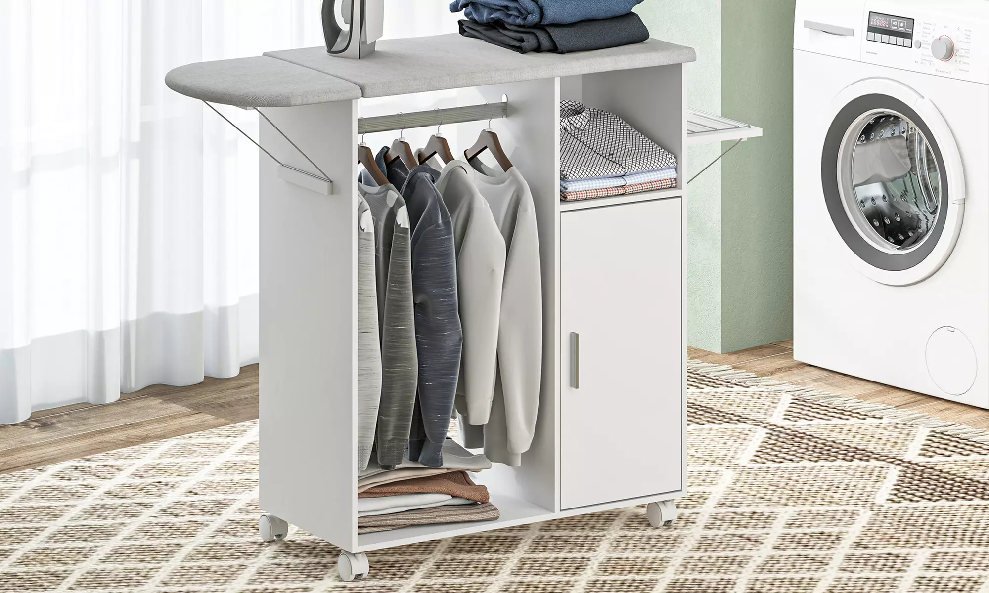 HomCom Rolling Ironing Board Cabinet, Space-Saving and Mobile Design