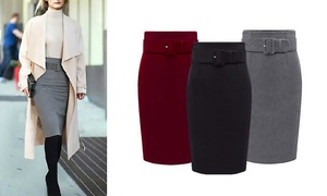 Wool Blend Pencil Skirt with Belt