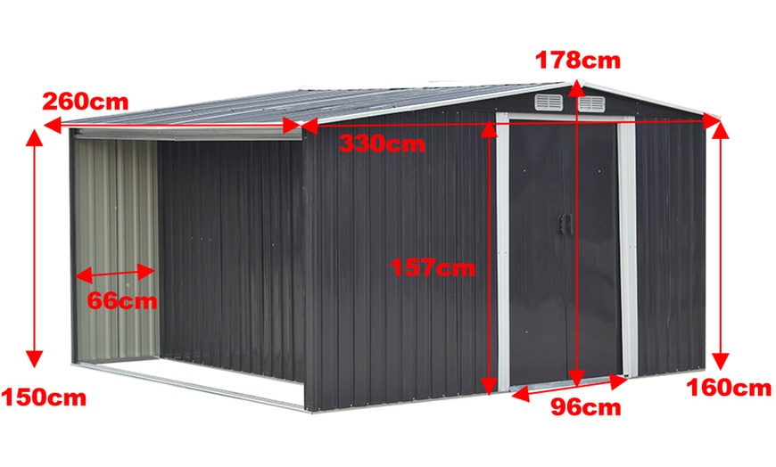 Image 14: Outdoor Black Garden Metal Storage Shed with Log Storage