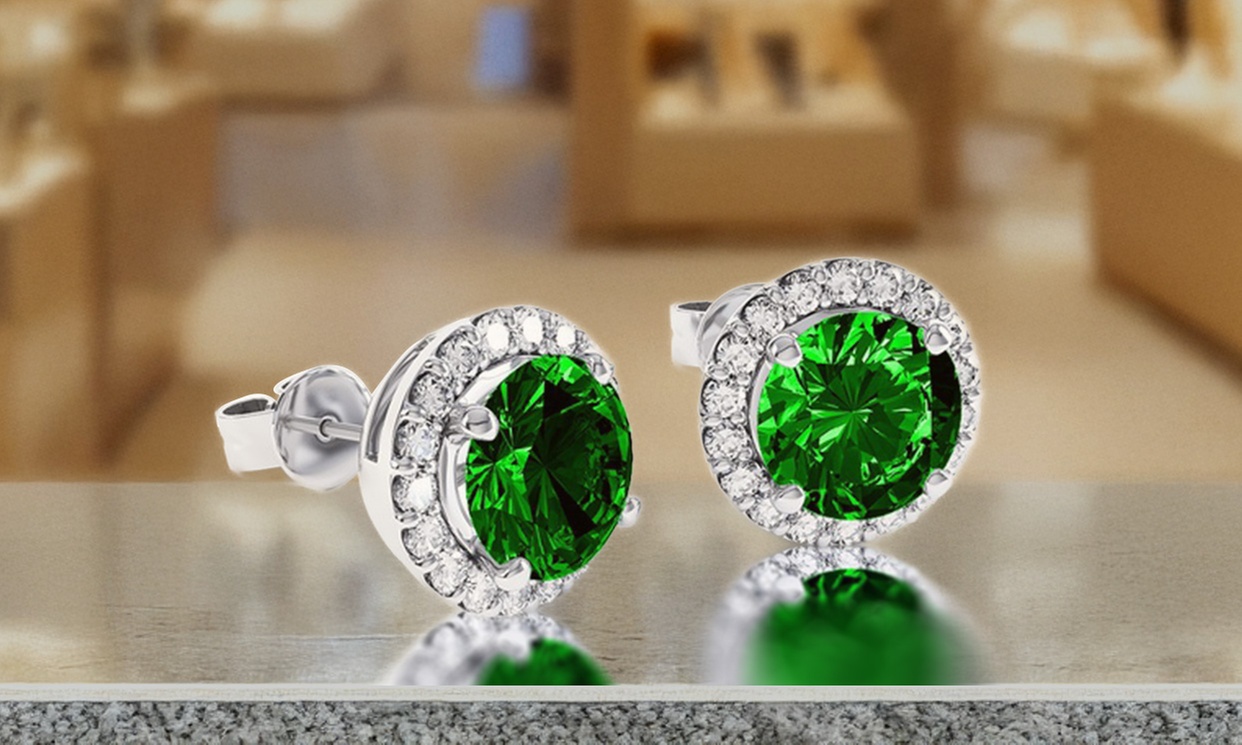 3.00 CTTW Emerald Halo Sterling Silver Studs