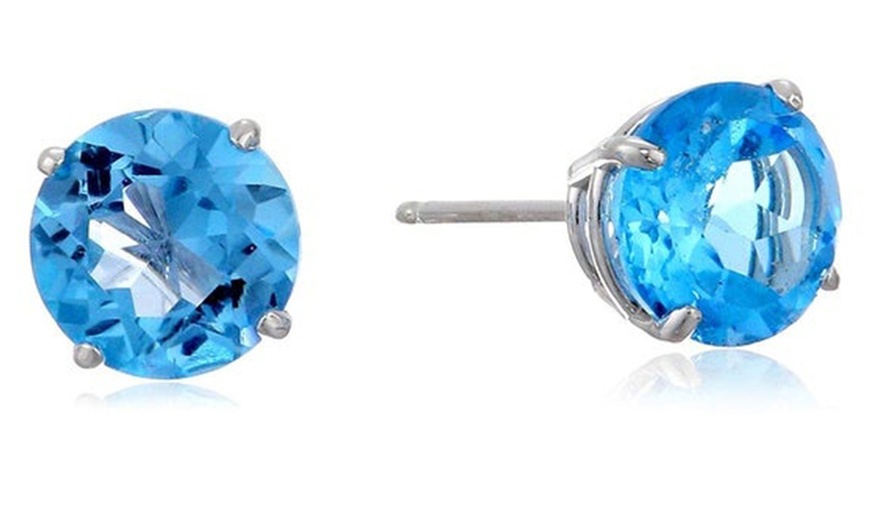 Image 2: 14k White Gold Plated 4 MM Round Genuine Blue Zircon Stud Earrings