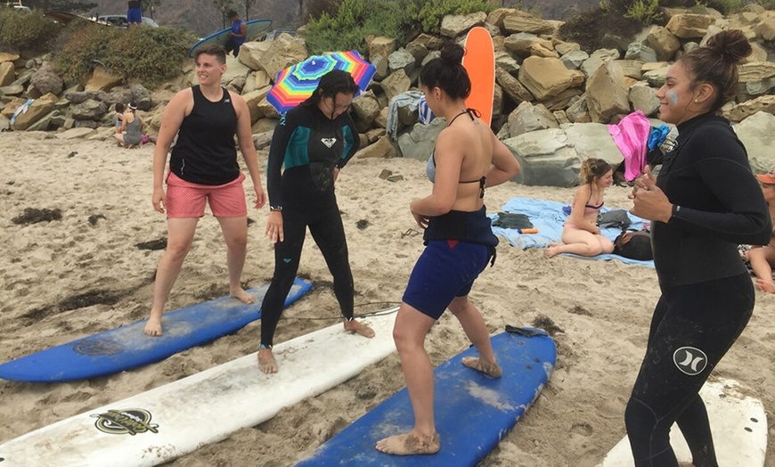 Image 2: Join Group Surf Lessons with/without Yoga and Santa Barbara City Tour