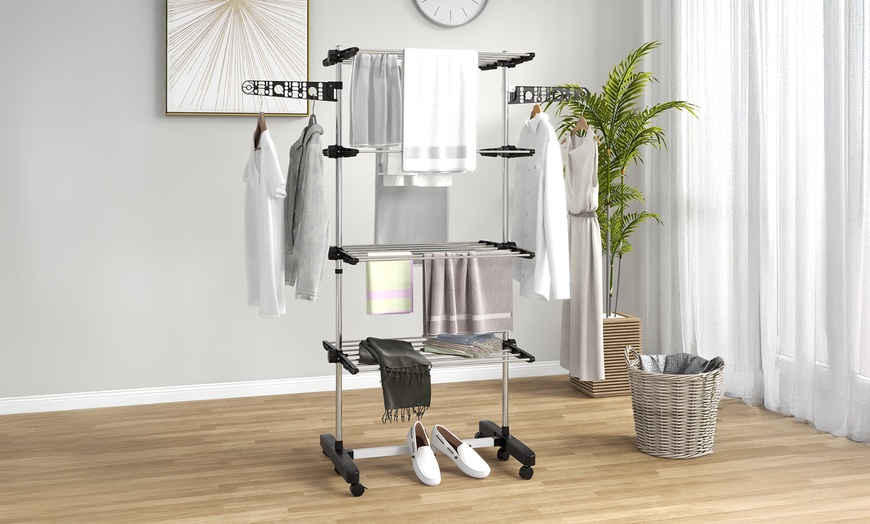Image 1: HomCom Multi-Layer Clothes Drying Rack with Wheels