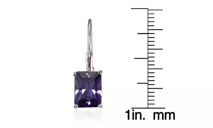 Sterling Silver Cubic Zirconia Amethyst Emerald-Cut Leverback Earrings