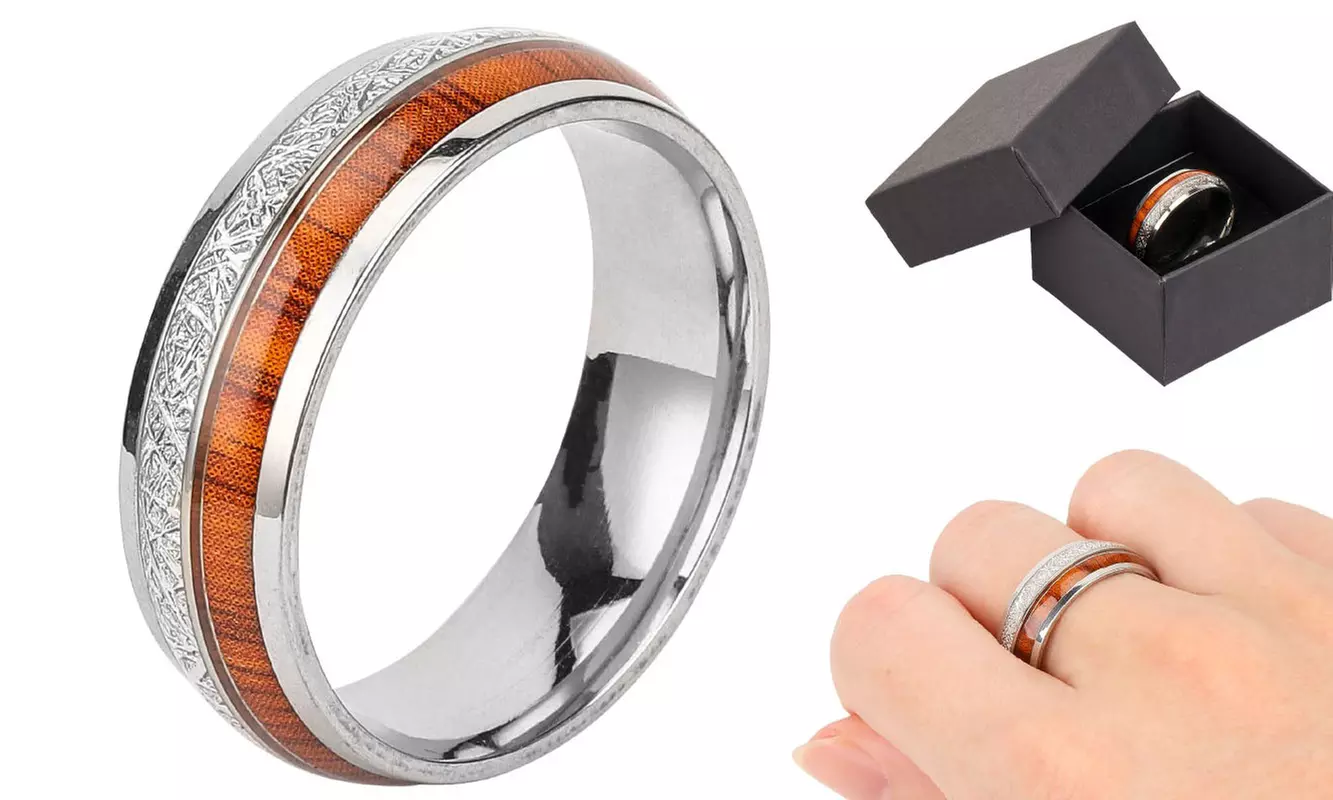Silver Whiskey Barrel Ring Wooden Meteorite Wedding Engagement Band Ring