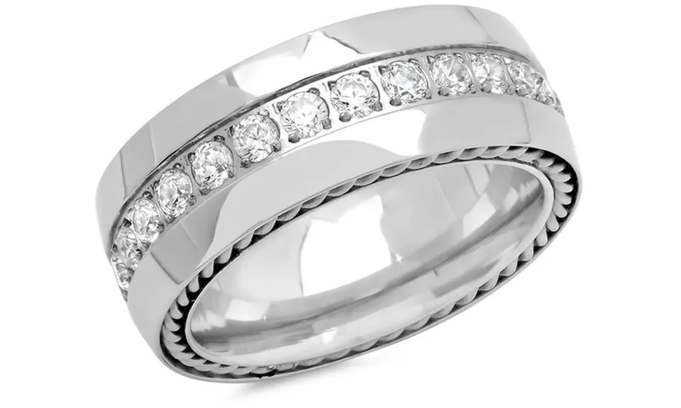 1.12 Cttw Men's Stainless Steel Chain Link Inlay Ring With Cubic Zirconia