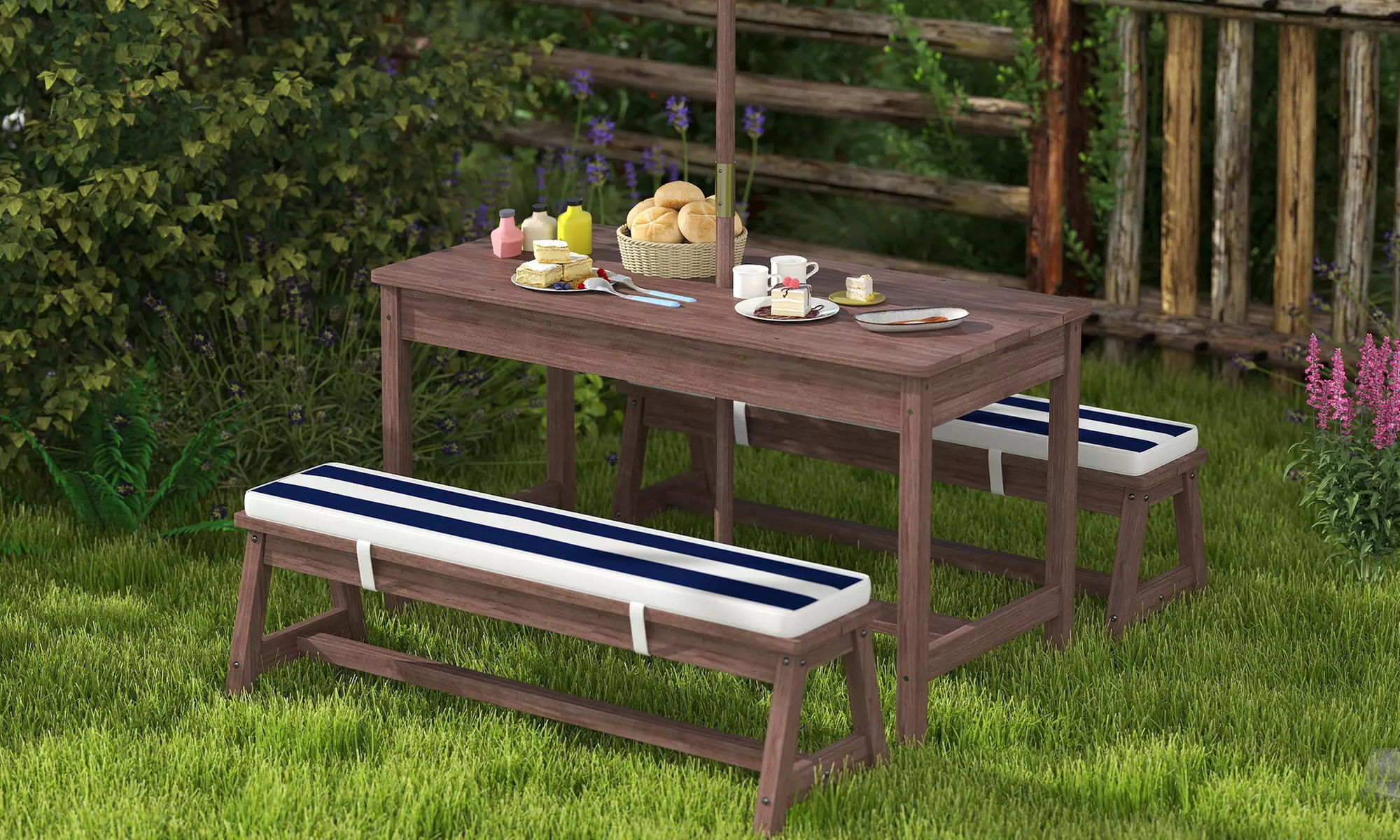 Kids wooden picnic table with umbrella