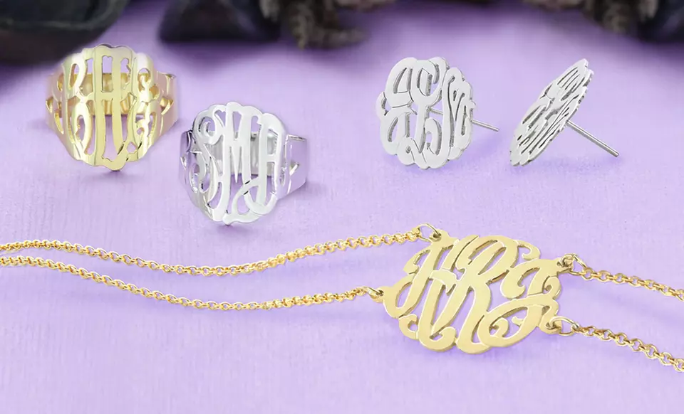 Monogrammed Sterling-Silver Bracelet, Earrings, or Ring from Monogram Online. Multiple Styles Available. - Primary Image