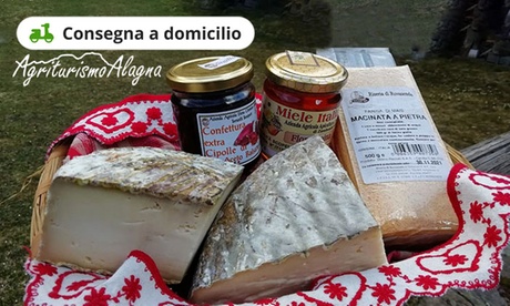 Cesto prodotti di montagna da 2,2 kg con consegna gratuita. Toma di formaggio, marmellata, farina e miele dalla Valsesia