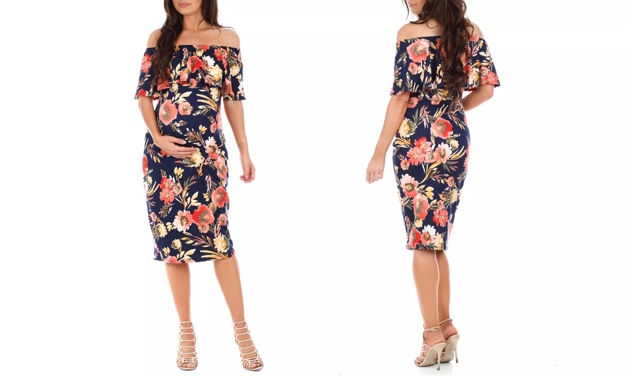 Women's Maternity Off-Shoulder Floral Ruffle Dress - Second Medium