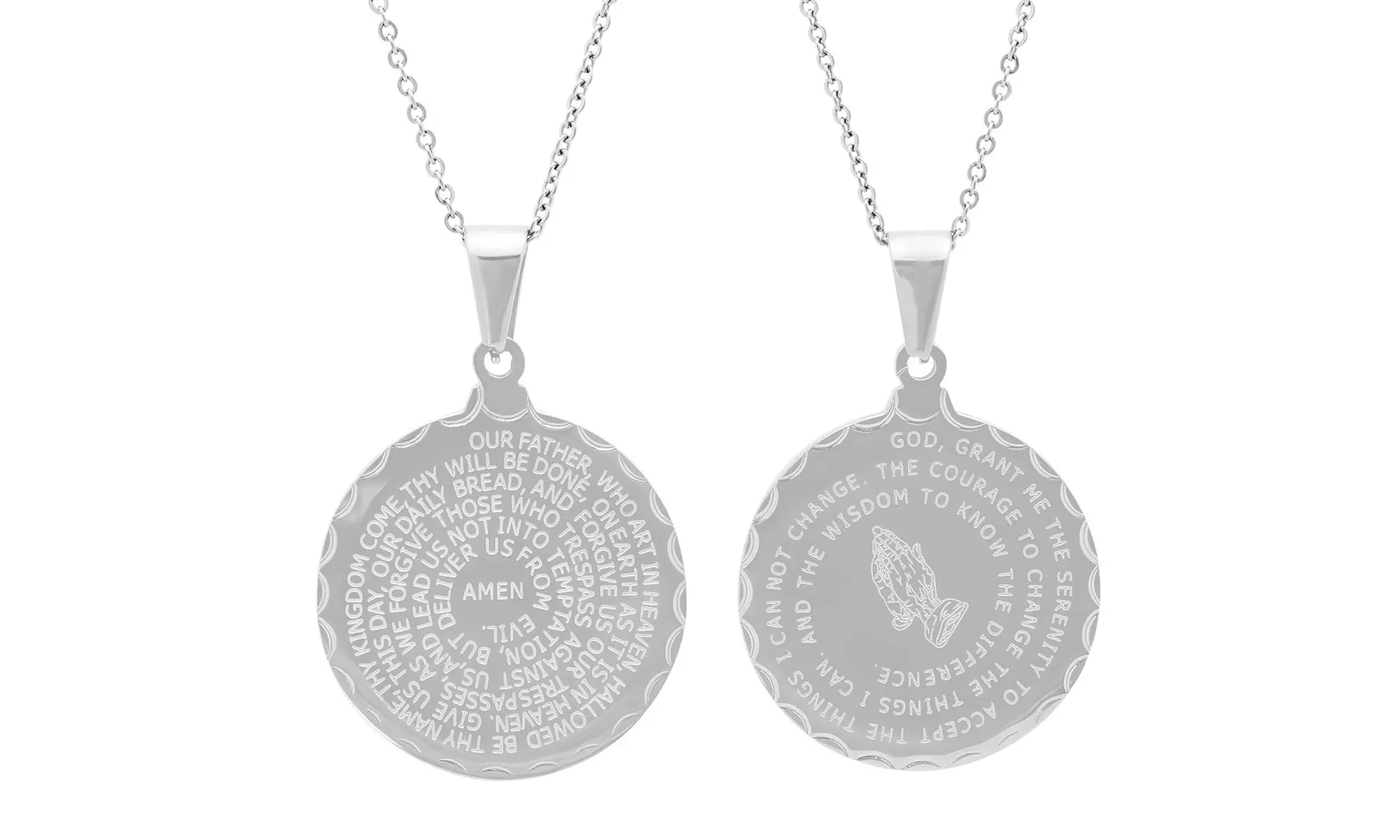 Ladies Double Sided Stainless Steel Lord's Prayer And Serenity Prayer Pendant