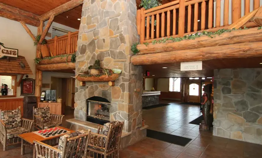 Woodsy lobby lounge with fireplace