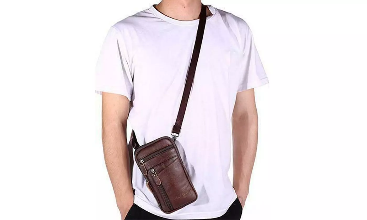 Mens Leather Phone Pouch Belt Bag Crossbody Waist Pack