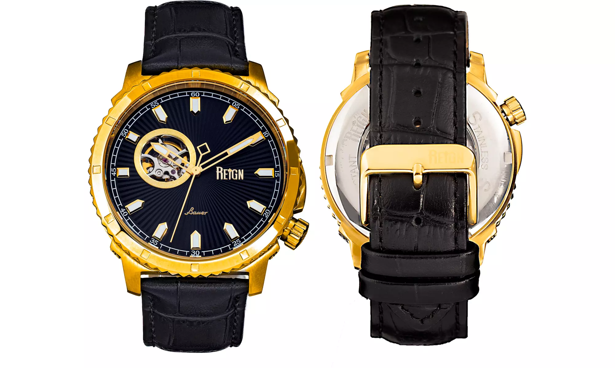 Reign Bauer Automatic Semi-Skeleton-Uhr mit Leder-Armband