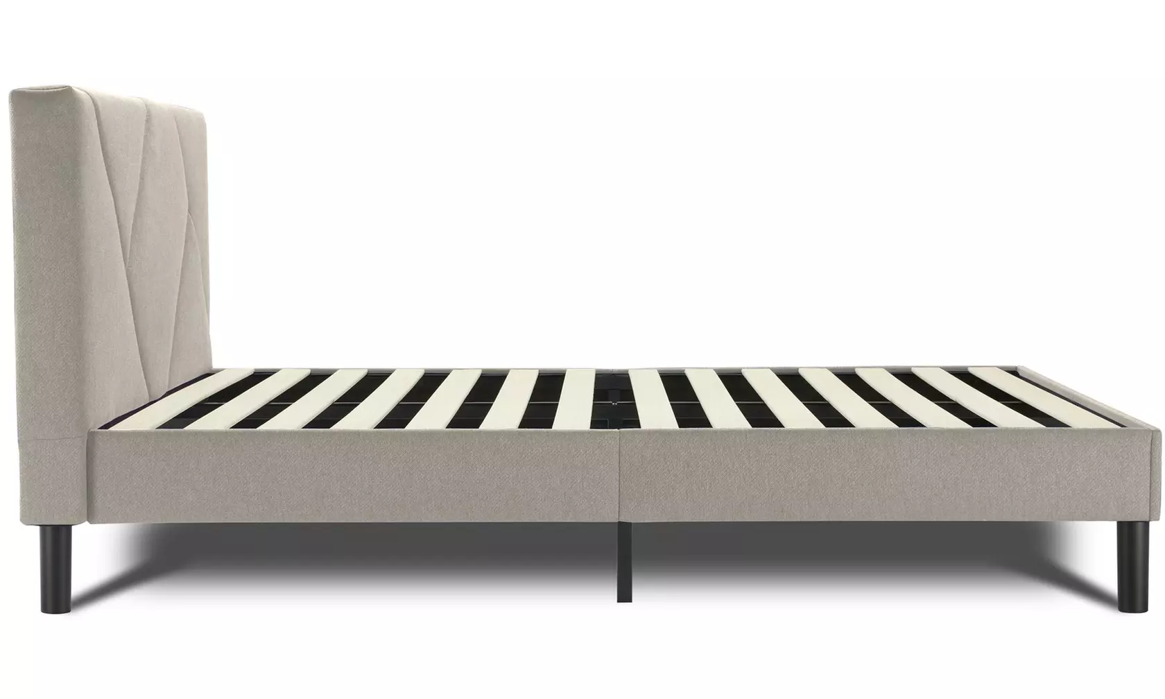 Letto imbottito in tessuto con doghe in legno e vano contenitore