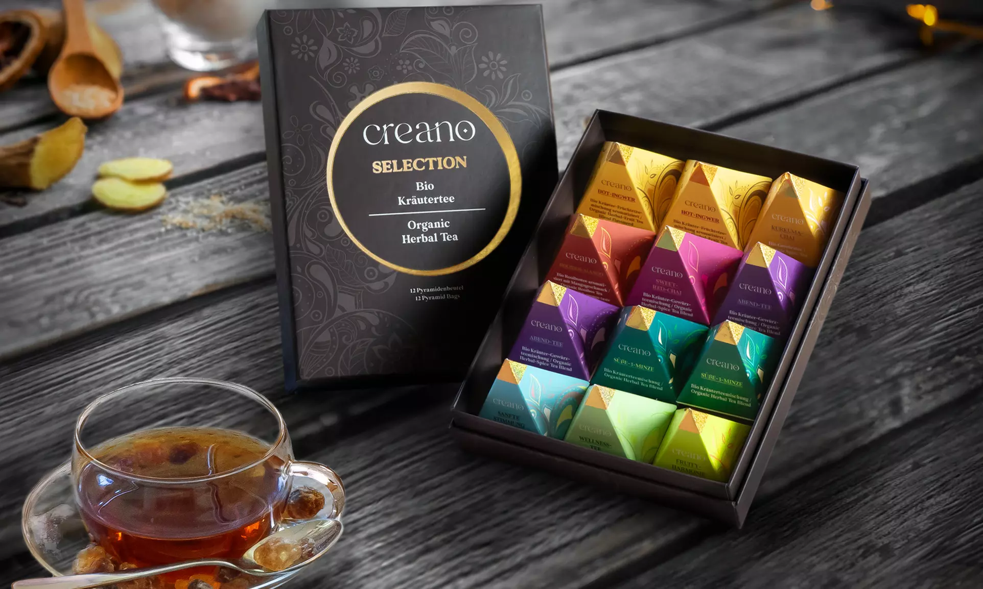 Creano Geschenk-Box „Kräuter-Gewürz-Tee“ Pyramiden (bis zu 1,17€/Stk.)