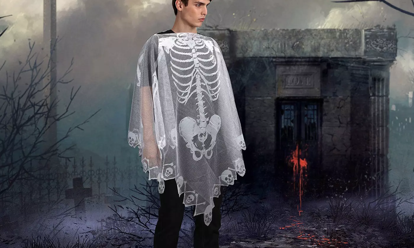 Halloween Costume White Lace Skeleton Poncho for Women