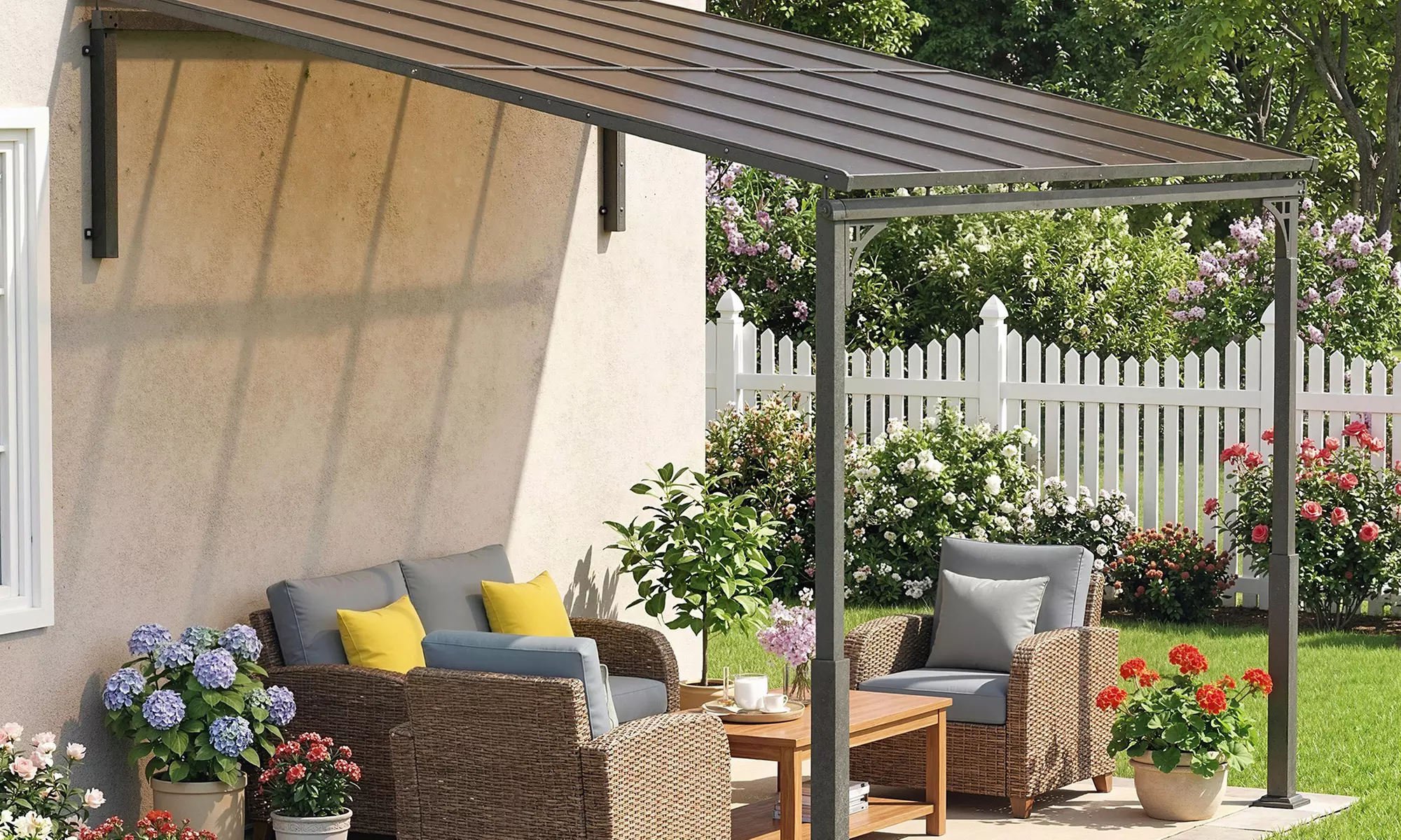 Outsunny Lean-To Pergola with Polycarbonate Roof and Galvanised Frame