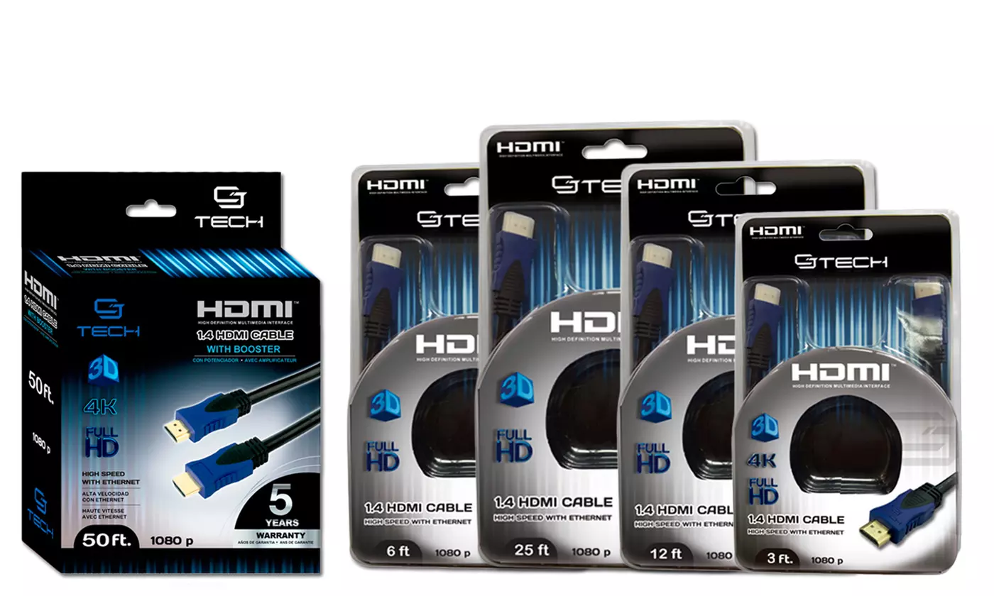 CJ Tech 4K 3D 3Ft., 6Ft., 12Ft., 25Ft., or 50Ft. HDMI Cable with Booster and High-Speed Ethernet (1- or 2-Pack) - Primary Image
