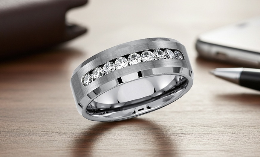 Image 1: Men's Solid Titanium Beveled Edge Center Cz Comfort Fit Wedding Band