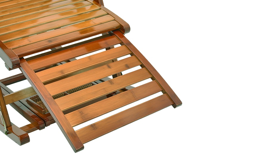 Image 4: Ergonomic Foldable Bamboo Recliner Chair with Retractable Footrest