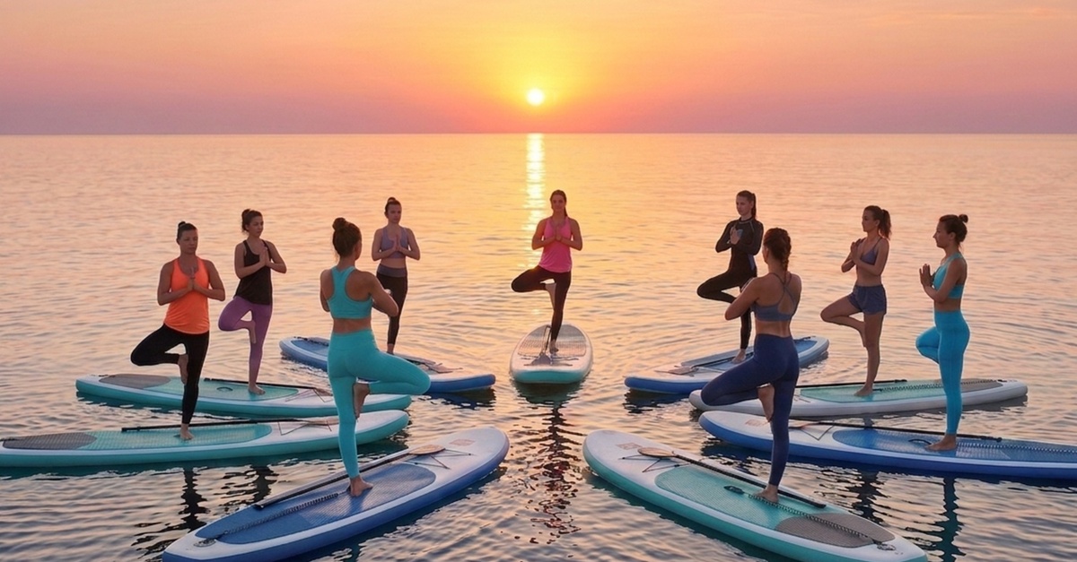 Experiencia grupal de paddle surf y yoga en Palma de Mallorca