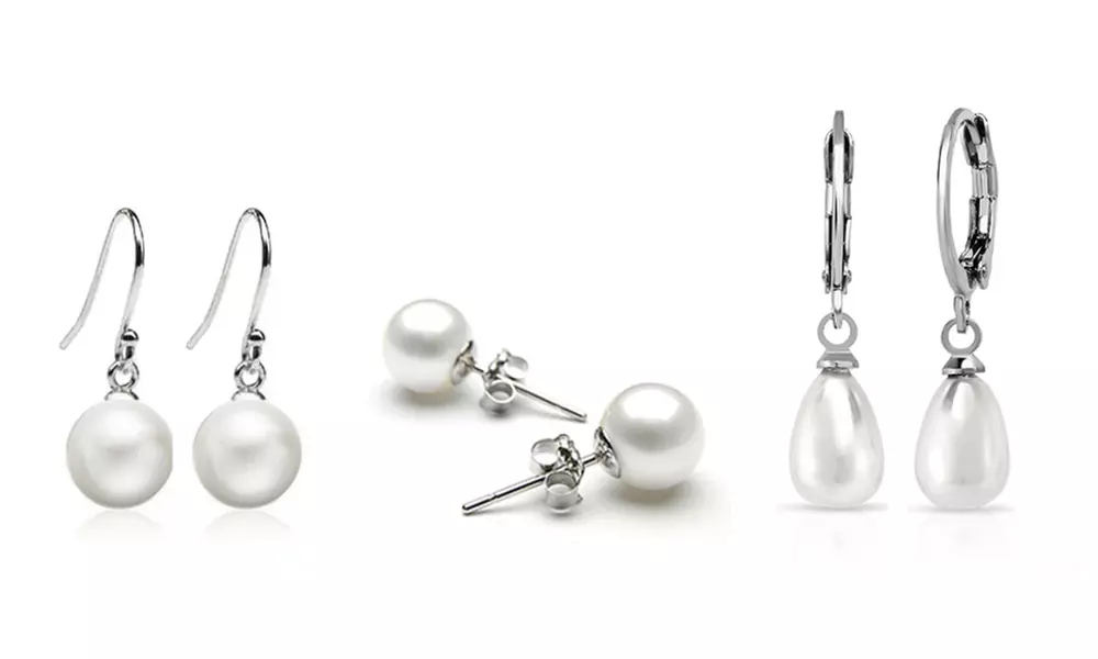 Set of 3 White Pearl Earring Set in 18k White Gold