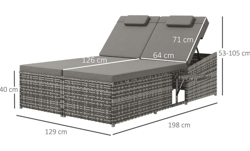 Image 6: Outsunny Two-Seater Rattan-Effect Bed with Fire Retardant Cushions 