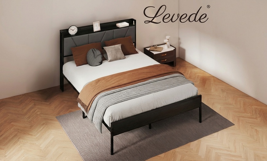 Image 8: Levede Upholstered Bed Frame with Storage Headboard and Steel Support