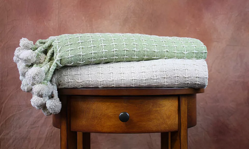 Cotton Cross-Stitch Throws with Pom-Poms (2-Pack) - Primary Image