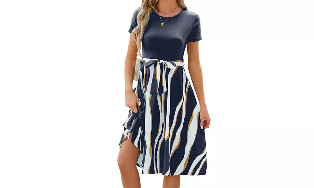 Women's Two Tone Belted A Line Dress
