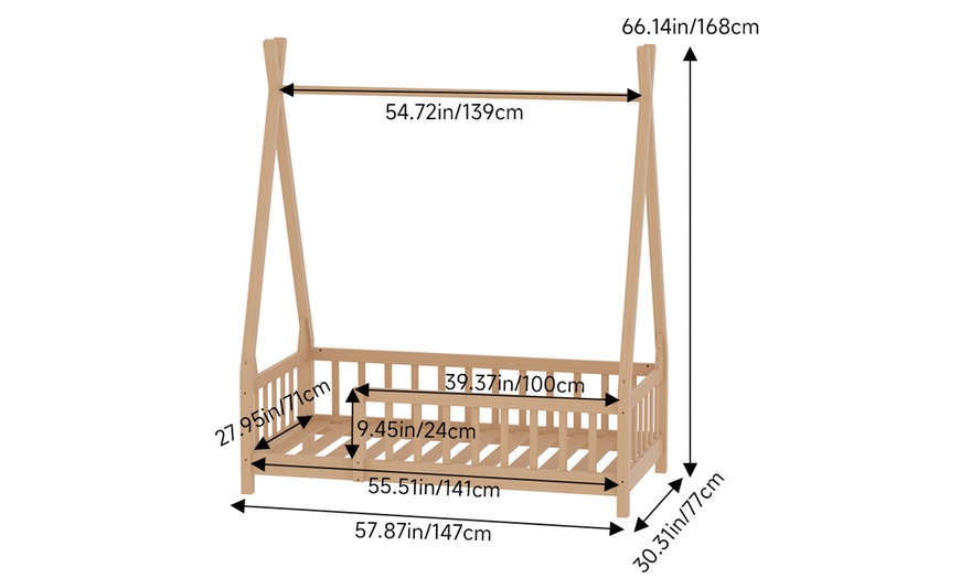 Image 5: Pine Wood Tent-Shaped Kids Bed Frame with Low Base and Safety Fence