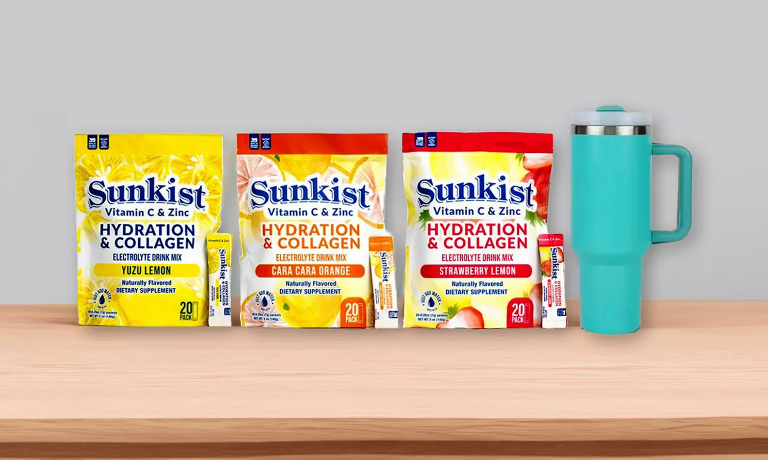  Three-Pack Sunkist Hydration and Collagen Stick Combo with Assorted Tumbler