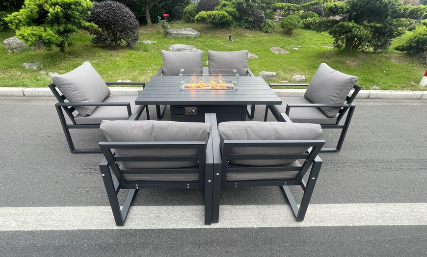 Image 1: 6-Seater Aluminum Firepit Dining Set