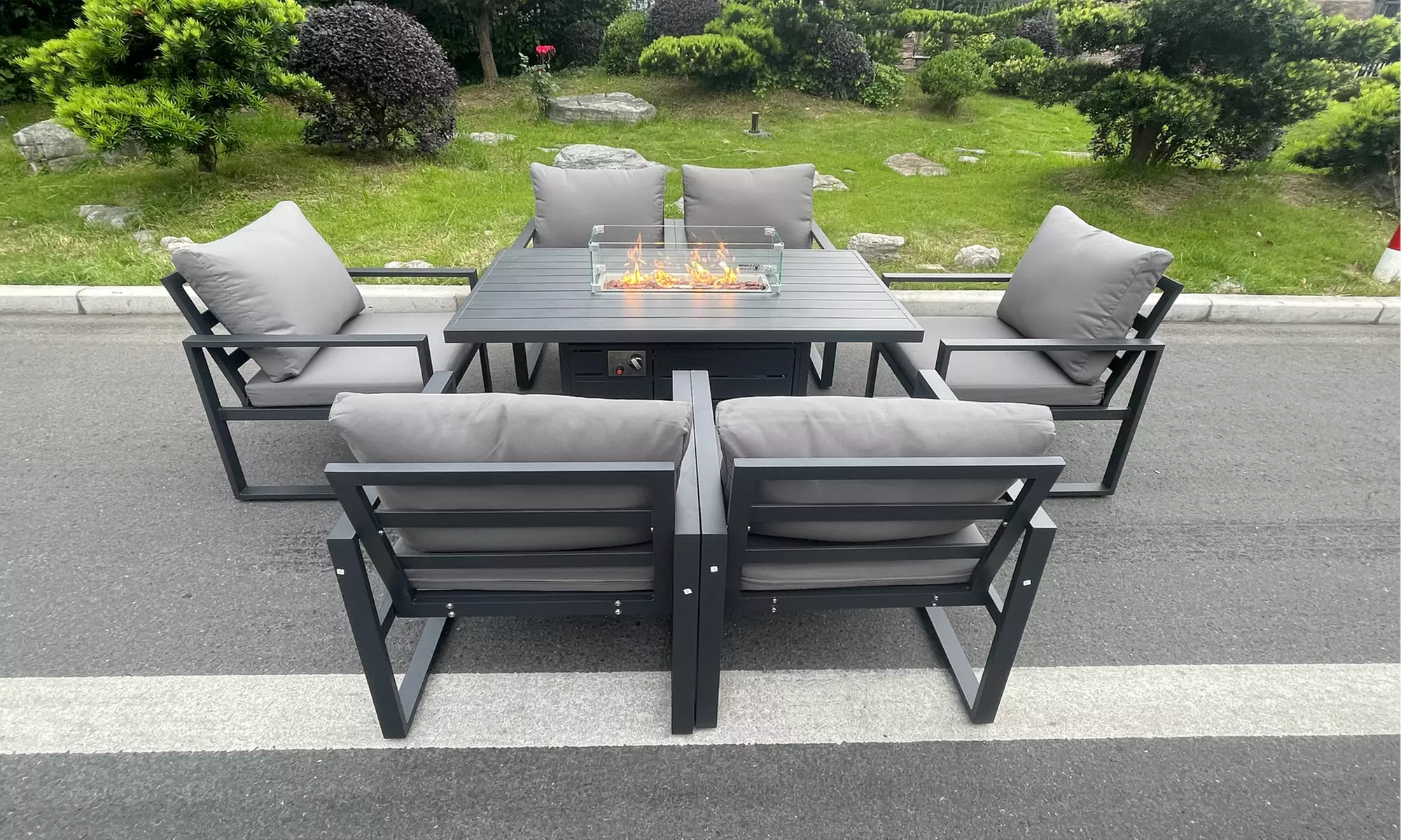 6-Seater Aluminum Firepit Dining Set - Primary Image