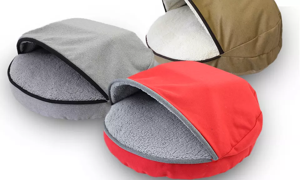 Felt Round Cave Hamburger Pet Bed with Felt Piping & Plush Sherpa Interior - Primary Image