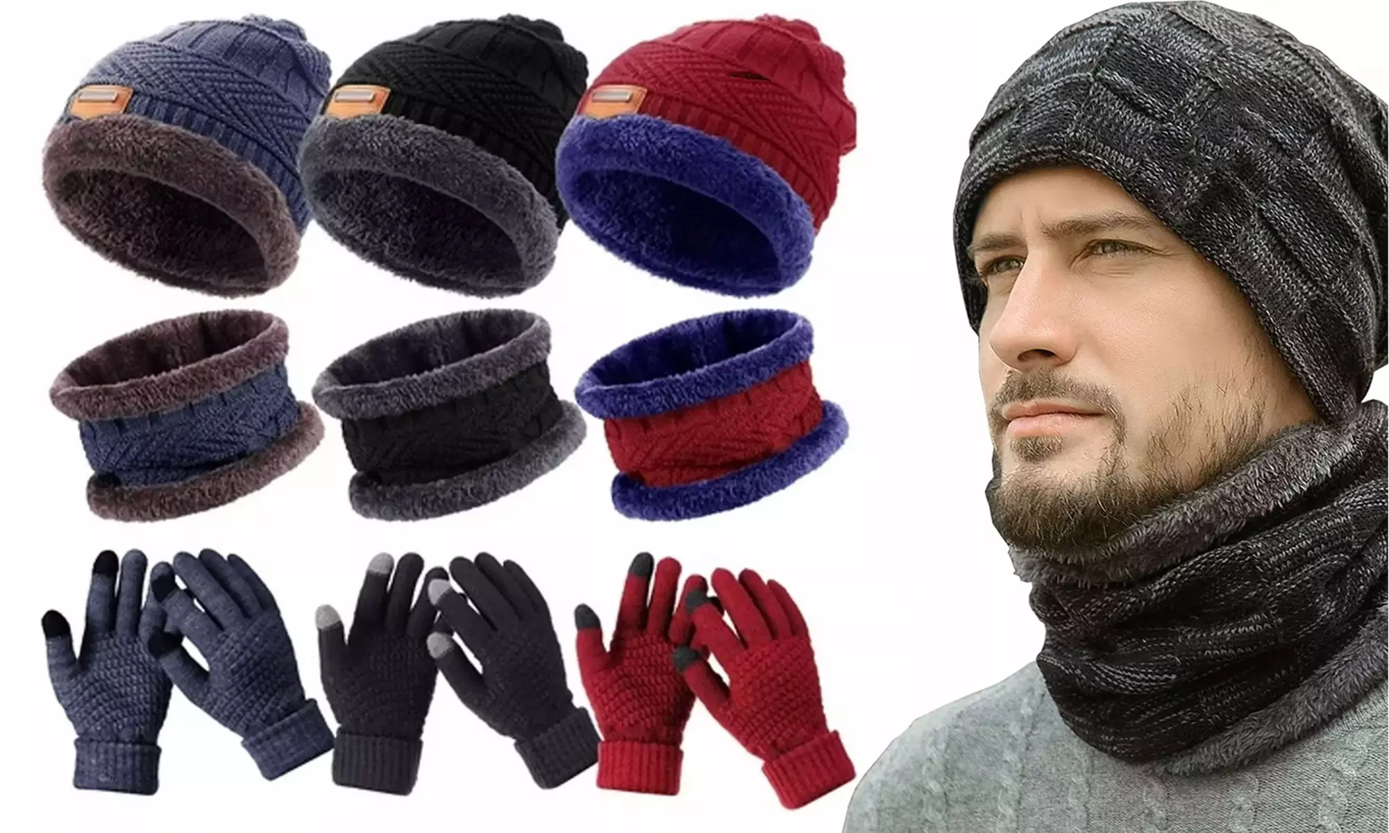 Men's Winter Warm Knit Beanie Hat Scarf Set with Warm Gloves