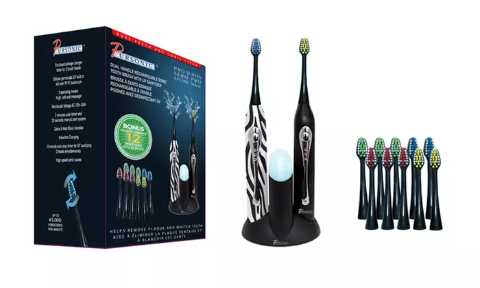 Pursonic Dual-Handle Sonic Toothbrush with 12 Replacement Heads and a UV Sanitizer - Second Medium