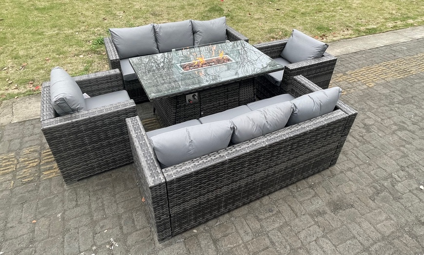 Image 2: 8-Seater Outdoor PE Rattan Garden Furniture Gas Fire Pit