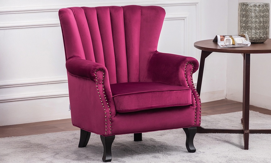Image 2: Velvet-Upholstered Wing Back Armchair