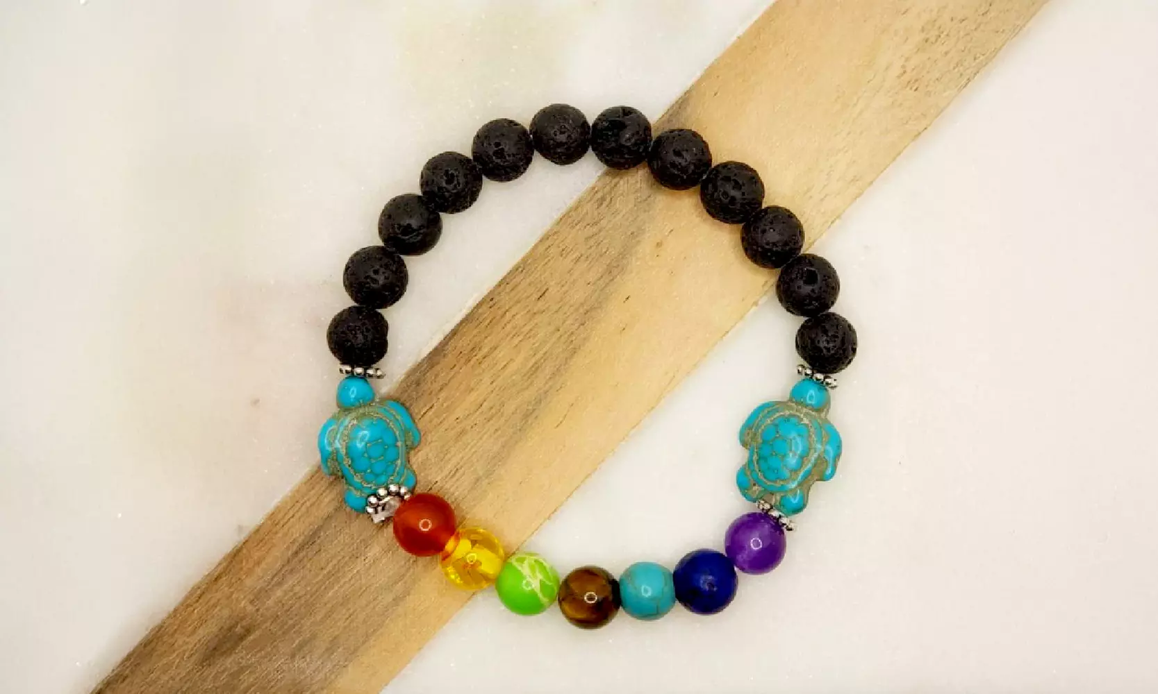 7 Chakra Healing Natural Bead Bracelet with Turtle Charm
