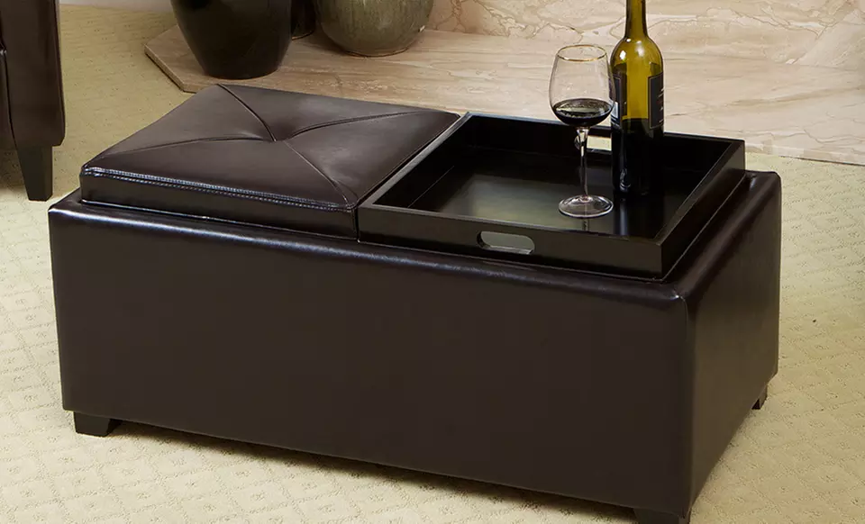 Contemporary Bonded Leather Double Tray Top Storage Ottoman - Primary Image